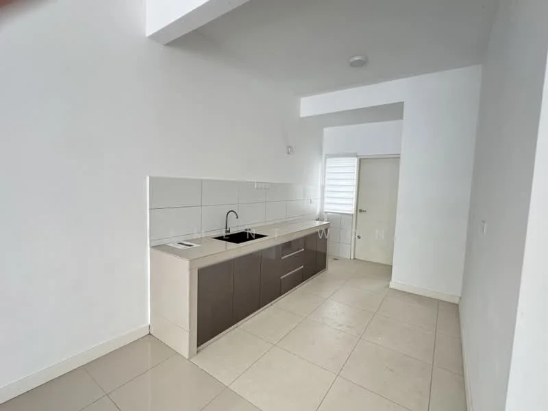 Kitchen features: white painted walls, grey cabinetry, single-bowl stainless-steel sink, chrome pull-down faucet, white tile backsplash, countertop with integrated cabinets, tile flooring, recessed downlights; style: modern.