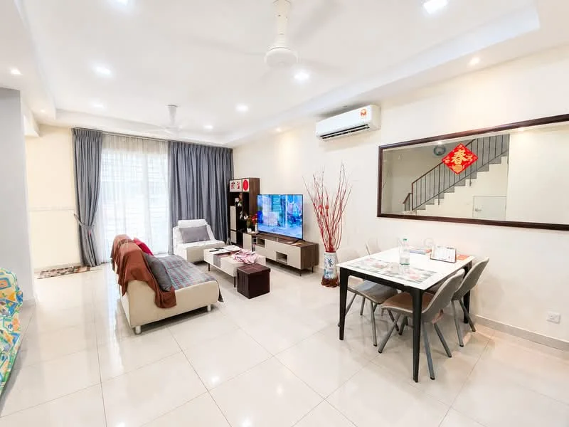 Living features: white painted walls, glossy tile flooring, recessed downlights, 5-blade ceiling fan with light, floor-to-ceiling windows with sheer curtains, sofa in beige, 2-seater fabric sofa in grey, coffee table, TV console, wall-mounted TV, decorative mirror, area rug, decorative plants in ceramic pots; style: modern. Dining features: dining table for 4, upholstered dining chairs, framed mirror, water bottle on table, table setting with placemats; style: modern.