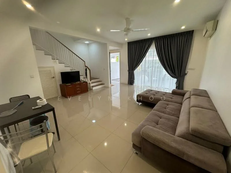 Living features: grey fabric sectional sofa, glass coffee table, TV console, wall-mounted TV, white painted walls, recessed downlights, floor-to-ceiling windows with sheer curtains, cream tiled flooring, ceiling fan; style: modern. Dining features: 4-seater dining table, transparent dining chairs; style: modern.