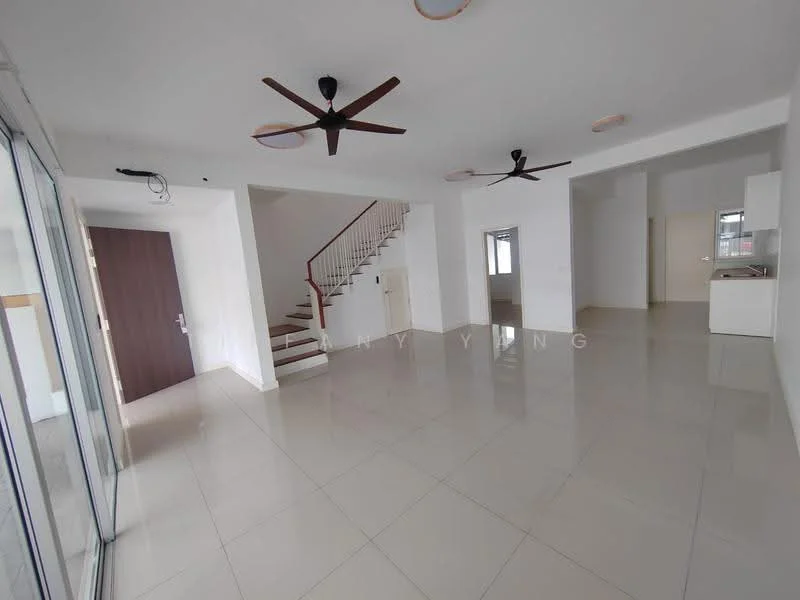Living features: white painted walls, glossy ceramic tile flooring, 2 ceiling fans, staircase with wooden handrail, large glass sliding door, natural light from windows, open layout, neutral color scheme; style: modern. Room features: white painted walls, glossy ceramic tile flooring, natural light from windows.
