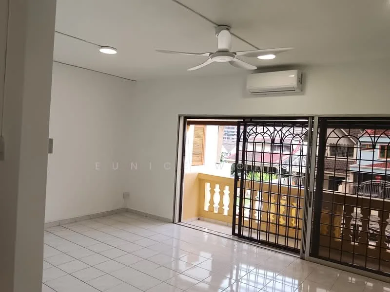 Living features: white painted walls, glossy ceramic tile flooring, 5-blade ceiling fan with light, recessed LED downlights, sliding glass door, floor-to-ceiling windows, air conditioning unit, balcony view; style: modern; view: city.