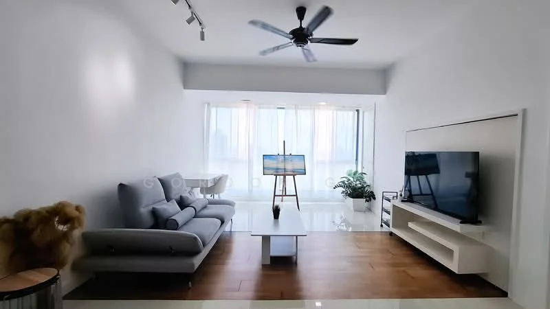 Living features: 3-seater fabric sofa in grey, coffee table, wall-mounted TV, TV console, ceiling fan, floor-to-ceiling windows, sheer curtains, decorative plant, wooden flooring, white painted walls, art easel with painting; style: modern; view: city.