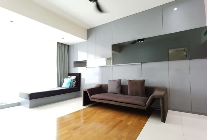 Living features: grey wall cabinetry, large window with sheer curtains, wooden flooring, dark fabric sofa, two decorative cushions, built-in daybed, recessed lighting, ceiling fan; style: modern.