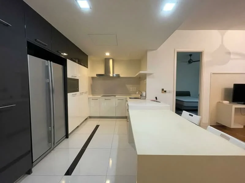 Kitchen features: white cabinetry, black upper cabinets, stainless-steel fridge, built-in oven, ceramic cooktop, stainless-steel range hood, white countertop, island with seating, recessed LED downlights, tile flooring, wall-mounted extractor fan, single-bowl stainless-steel sink, chrome pull-down faucet; style: modern.