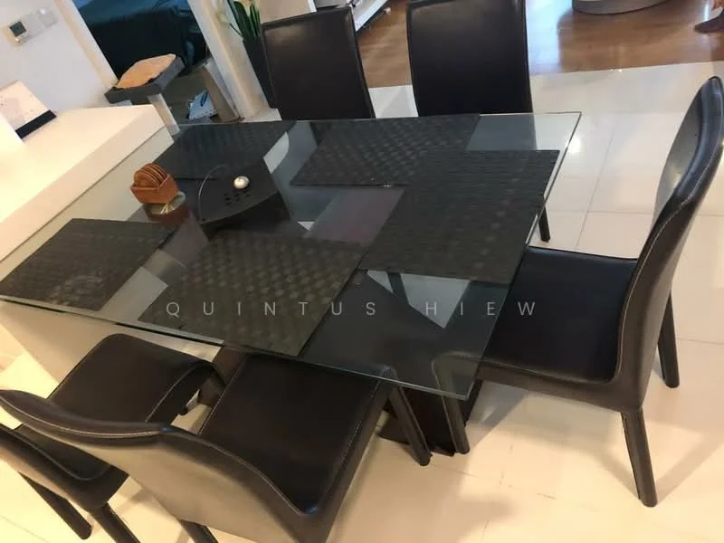 Dining features: glass dining table, black placemats, six black leather dining chairs, wooden centerpiece, white tiled flooring, open layout to living area, modern decor; style: modern.