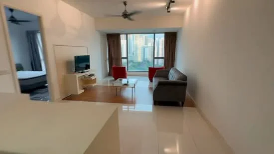 Living features: grey fabric sofa, red accent chairs, white coffee table, TV console, wall-mounted TV, floor-to-ceiling windows, curtains, recessed downlights, polished tile flooring, ceiling fan; style: modern; view: city. Room features: white painted walls, light-colored flooring.