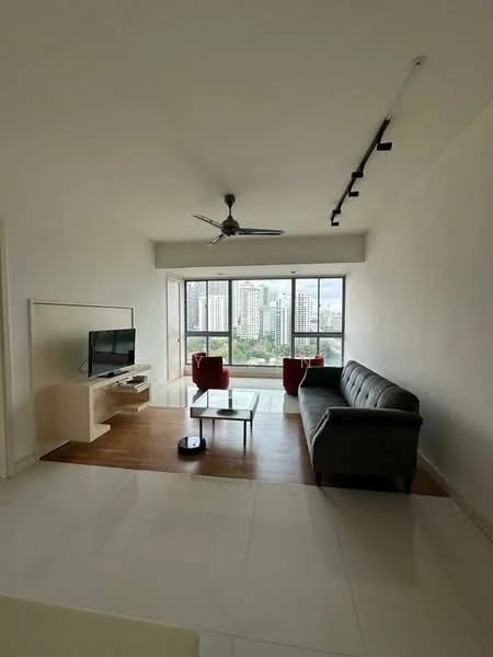 Living features: 3-seater leather sofa in grey, 2 red accent chairs, coffee table, wall-mounted TV, TV console, ceiling fan with light, floor-to-ceiling windows, city view, laminate flooring, white painted walls, track lighting; style: modern; view: city.