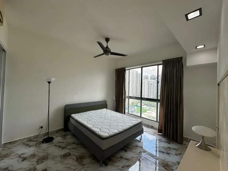 Bedroom features: king-size bed, upholstered headboard, ceiling fan, floor-to-ceiling windows, curtains, marble tile flooring, decorative lamp, side table, wall-mounted artwork; style: modern; view: city.