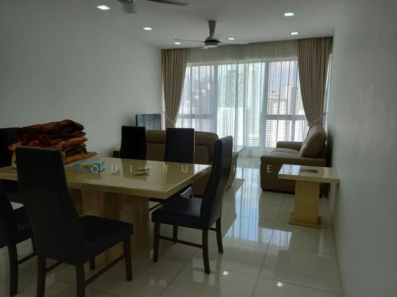 Living features: sofa in beige, 3-seater fabric sofa, coffee table, TV console, wall-mounted TV, area rug, 5-blade ceiling fan with light, floor-to-ceiling windows, sheer curtains, marble tile flooring, decorative mirror, decorative wall art; style: modern; view: city. Dining features: 6-seater dining table, black upholstered dining chairs, wooden dining table, stack of blankets, pendant lighting; style: modern.