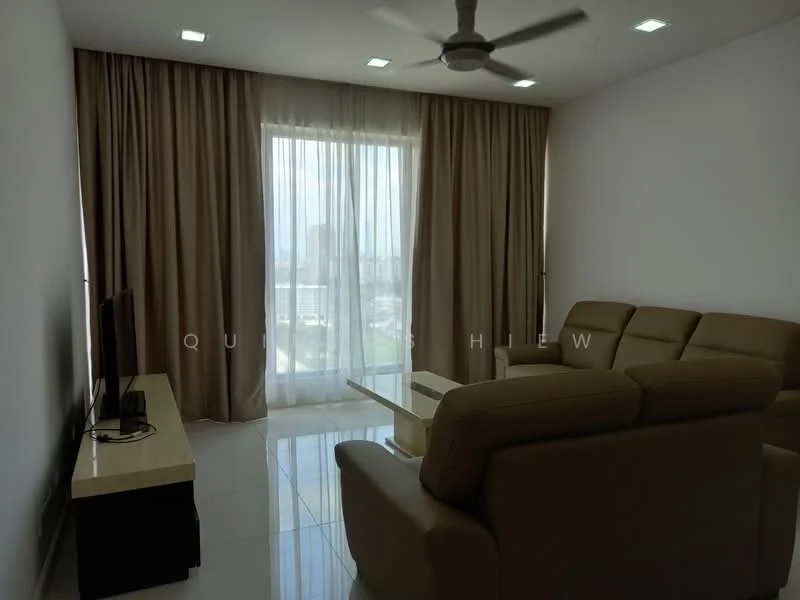 Living features: 3-seater leather sofa in beige, coffee table, TV console, wall-mounted TV, floor-to-ceiling windows, sheer curtains, recessed LED downlights, white painted walls, glossy tile flooring, ceiling fan; style: modern; view: city.