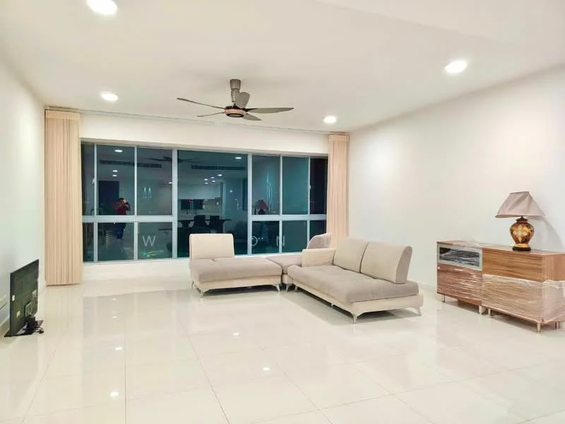 Living features: 3-seater fabric sofa in beige, floor-to-ceiling windows, sheer curtains, 5-blade ceiling fan with light, wall-mounted TV, TV console, decorative lamp, glossy white tile flooring, neutral painted walls, recessed LED downlights; style: modern; view: city.