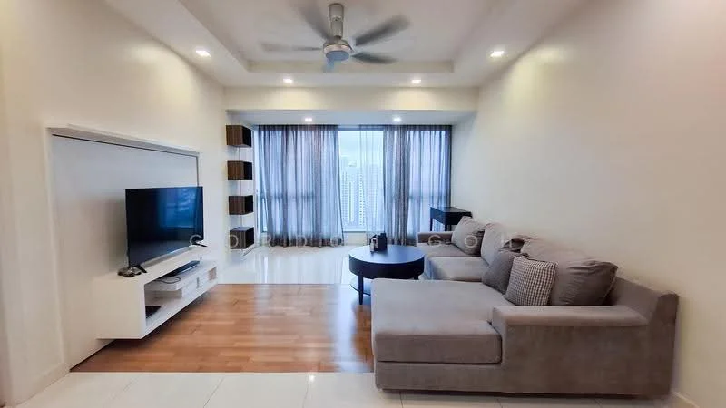 Living features: L-shape sectional sofa in grey, round coffee table, wall-mounted TV, TV console with storage, ceiling fan with light, floor-to-ceiling windows, sheer curtains, wooden flooring, white painted walls, decorative wall shelves; style: modern; view: city.