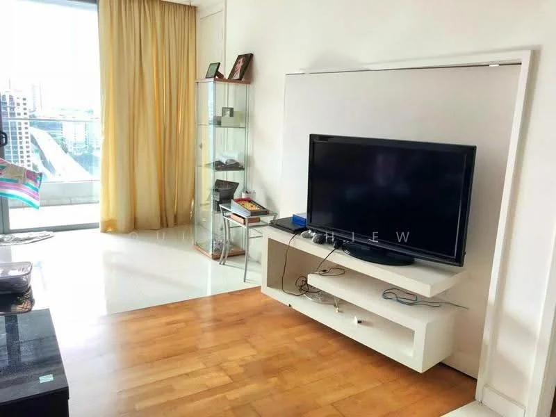 Living features: large flat-screen TV, white TV console, wooden flooring, floor-to-ceiling windows, sheer curtains, glass display cabinet, decorative items on console, city view from window; style: modern; view: city.