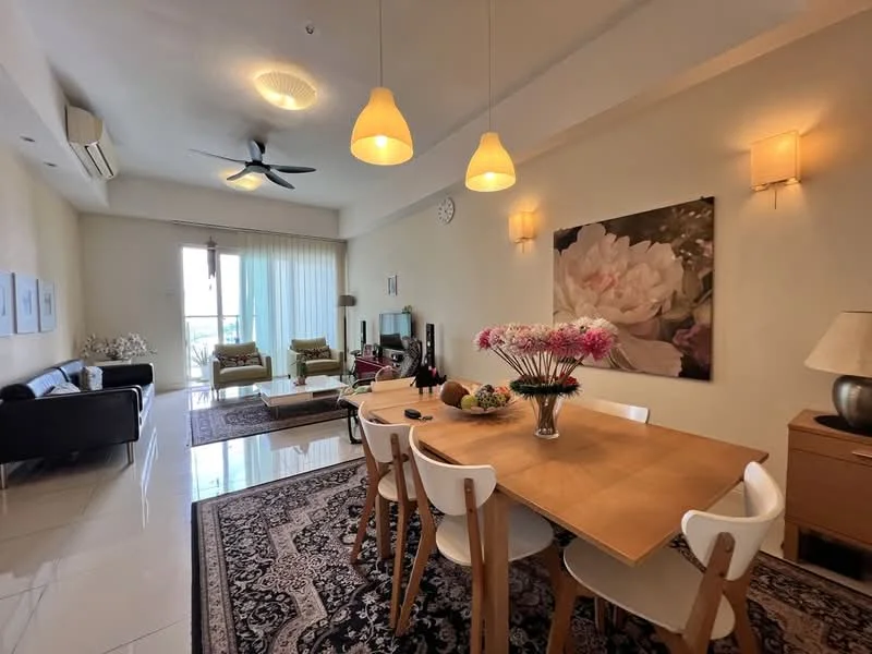 Dining features: 6-seater wooden dining table, white dining chairs, pendant lighting, area rug with floral pattern, decorative vase with flowers, wall-mounted clock, wall sconces, large artwork with floral design, open layout to living area, floor-to-ceiling windows, sliding glass door, ceiling fan with light; style: modern; view: garden. Living features: 3-seater black leather sofa, 2 armchairs in green fabric, coffee table, TV console, wall-mounted TV, decorative plants, area rug, recessed downlights; style: modern; view: garden.