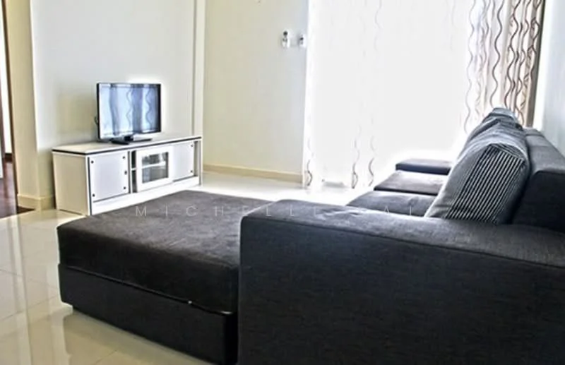 Living features: L-shape sectional sofa in dark grey, flat-screen TV on white TV console, white TV console with storage, large window with sheer curtains, glossy tile flooring, neutral wall color, decorative wall with light texture, corner of the room with light; style: modern.