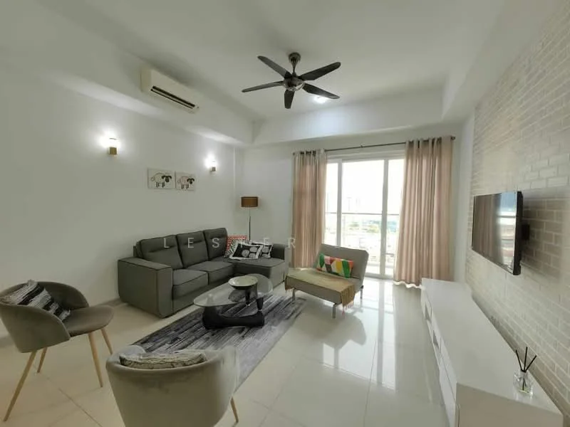 Living features: grey fabric sofa, 3-seater sofa, coffee table, TV console, wall-mounted TV, area rug with geometric pattern, 5-blade ceiling fan with light, floor-to-ceiling windows, sheer curtains, white painted walls, polished tile flooring, decorative wall with white brick cladding; style: modern; view: city.