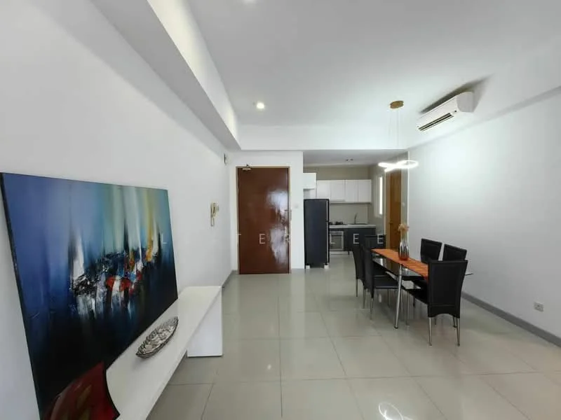 Dining features: dining table with 6 black chairs, white sideboard, abstract artwork on wall, recessed downlights, grey tiled flooring, wall-mounted air conditioning unit, open layout to kitchen, door leading to hallway; style: modern. Kitchen features: stainless-steel fridge, white cabinetry, countertop with sink, built-in oven, ceramic cooktop, open layout to dining area; style: modern.