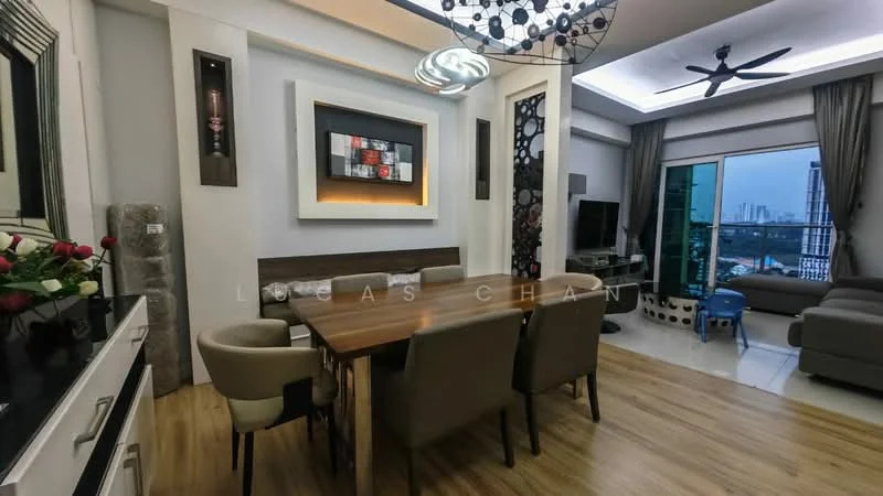 Dining features: wood dining table, upholstered dining chairs, decorative wall panel with lighting, recessed ceiling lights, 5-blade ceiling fan with light, large window with city view, wooden flooring, decorative artwork on wall, potted plant on table; style: modern; view: city. Living features: sofa in grey fabric, coffee table, TV console, wall-mounted TV, large window with city view, curtains, decorative wall panel, wooden flooring; style: modern; view: city.