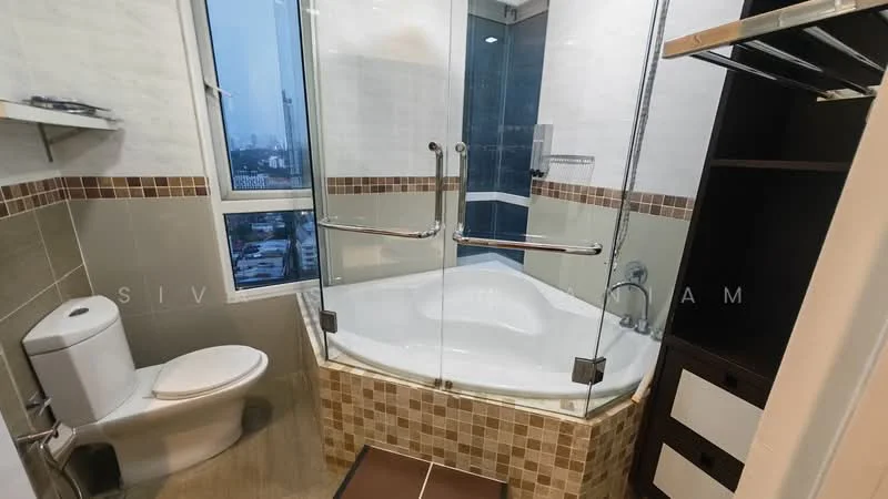Bathroom features: glass shower enclosure, jacuzzi tub, white toilet, chrome faucet, tiled walls with mosaic accents, dark wood cabinetry, large window with city view, recessed lighting; style: modern; view: city.