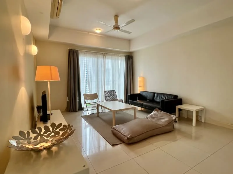 Living features: cream painted walls, white ceiling, recessed downlights, 5-blade ceiling fan, large floor-to-ceiling windows, sheer curtains, black leather sofa, white coffee table, beige area rug, floor lamp, decorative bowl on console table, bean bag chair; style: modern; view: city.
