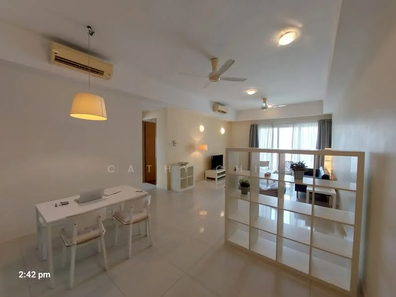 Living features: white painted walls, polished tile flooring, recessed downlights, 2 ceiling fans, floor-to-ceiling windows, sheer curtains, sofa, coffee table, TV console, decorative plants, open shelving unit, dining table with 4 chairs, wall-mounted TV; style: modern.