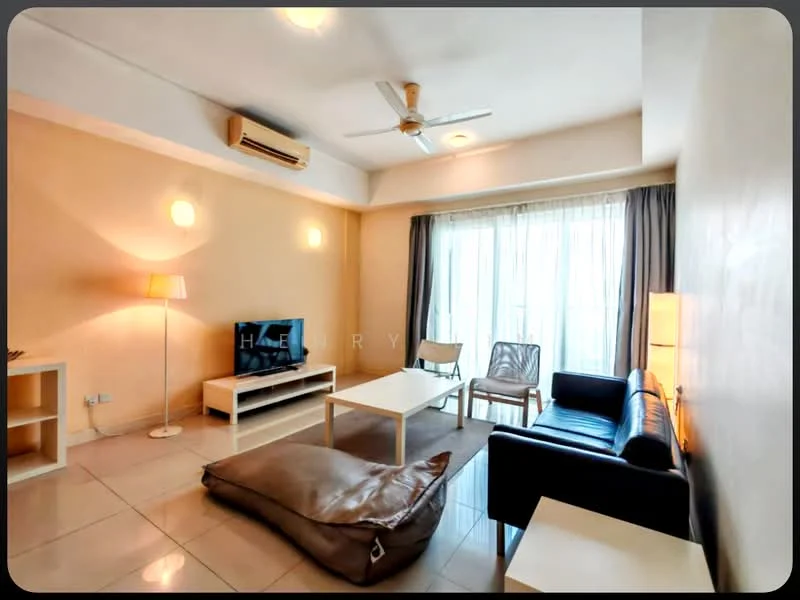 Living features: cream painted walls, glossy tile flooring, 5-blade ceiling fan with light, recessed downlights, sofa in black leather, white coffee table, TV console, wall-mounted TV, floor lamp, sheer curtains, sliding glass door, outdoor view from balcony, bean bag chair, armchair in white; style: modern.