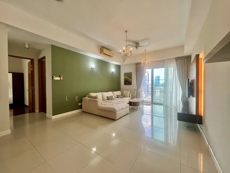 Living features: cream painted walls, green accent wall, marble tile flooring, 5-blade ceiling fan with light, chandelier, floor-to-ceiling windows, sliding glass door, sheer curtains, sofa in light fabric, coffee table, wall-mounted TV, decorative wall panel with lighting, area rug; style: modern; view: city.