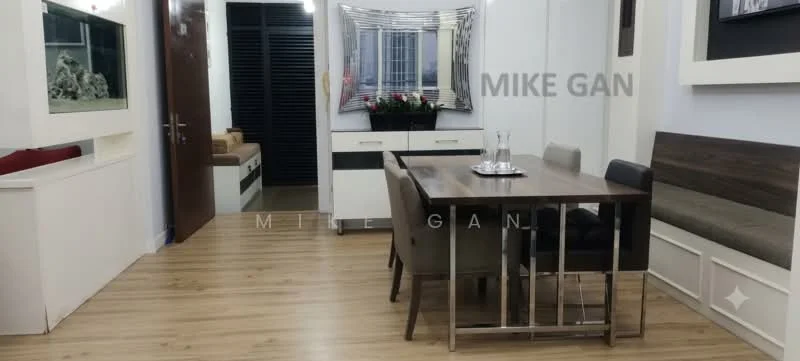 Dining features: wood dining table, 4 black upholstered dining chairs, decorative mirror on wall, wooden sideboard with storage, laminate flooring, wall-mounted decorative plant box, wall art, recessed lighting; style: modern. Room features: aquarium, white painted walls, dark wood accents, open layout.