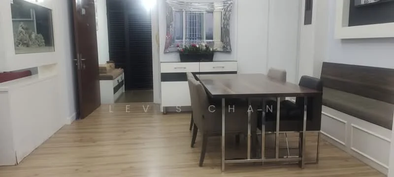Dining features: wood dining table, 4 upholstered dining chairs, decorative mirror on wall, wall-mounted planter with flowers, laminate flooring, white painted walls, built-in bench seating, recessed lighting; style: modern. Room features: wooden door, wall-mounted artwork, open space layout.