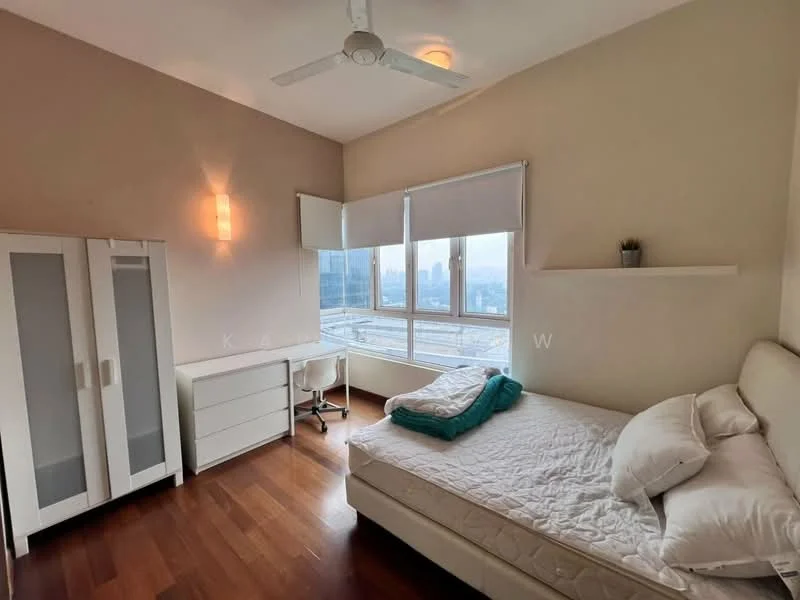 Bedroom features: king-size bed, upholstered headboard, white bedding, wooden flooring, 5-blade ceiling fan, floor-to-ceiling windows, white curtains, built-in wardrobe with sliding doors, study desk, office chair, decorative shelf, city view; style: modern; view: city.