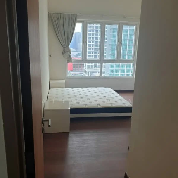 Bedroom features: large windows with city view, curtains, wooden flooring, unmade bed with mattress, white wall, minimalist design, built-in wardrobe, neutral color palette; style: modern; view: city.