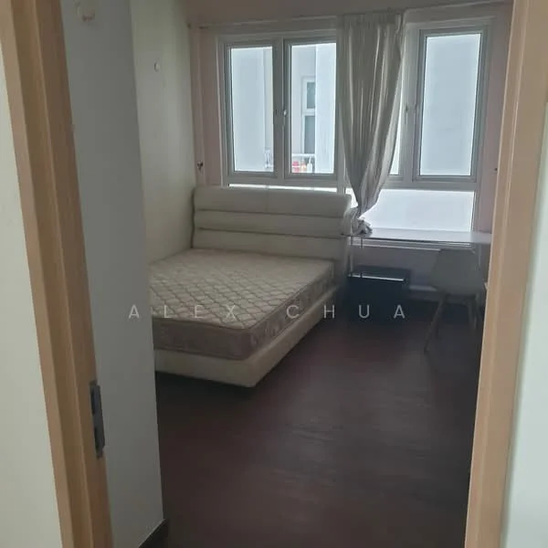 Bedroom features: queen-size bed, light-colored bed frame, wood flooring, floor-to-ceiling windows, sheer curtains, study desk, white chair, neutral wall color; style: modern.
