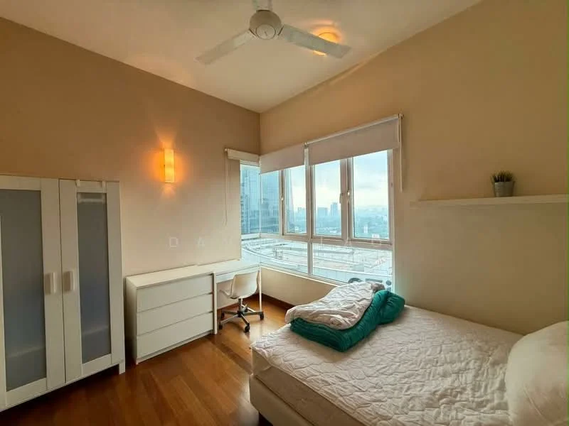 Bedroom features: queen-size bed, upholstered headboard, white bedding, wooden flooring, floor-to-ceiling windows, city view, built-in wardrobe with glass doors, white dresser, study desk with chair, wall-mounted shelf, ceiling fan with light; style: modern; view: city.