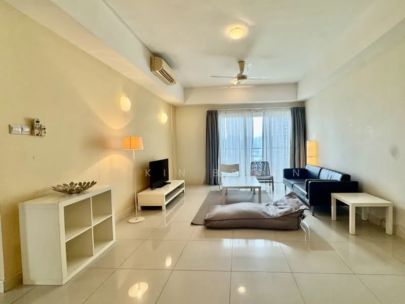 Living features: cream painted walls, white ceiling, recessed downlights, 5-blade ceiling fan, large sliding glass door, floor-to-ceiling windows, light grey sofa, white coffee table, TV console, flat-screen TV, decorative bowl on table, lampshade floor lamp, white side table, beige area rug, tile flooring; style: modern; view: city.