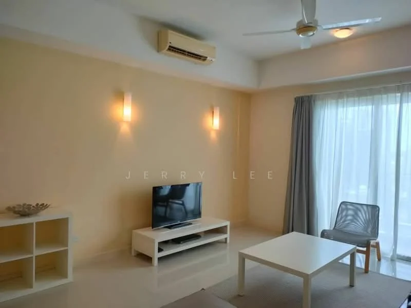 Living features: cream painted walls, polished tile flooring, 5-blade ceiling fan with light, recessed downlights, wall-mounted TV, white TV console, white coffee table, transparent armchair, sheer curtains, floor-to-ceiling windows; style: modern; view: garden.