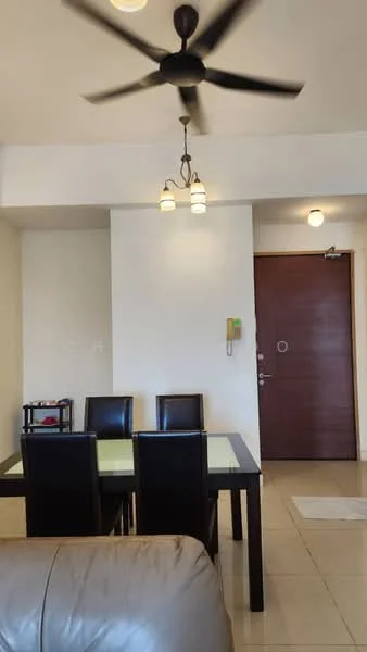 Dining features: 4-seater dining table with glass top, black dining chairs, ceiling fan with 3 blades, recessed downlights, white painted walls, cream tiled flooring, wooden door, intercom panel on wall; style: modern.