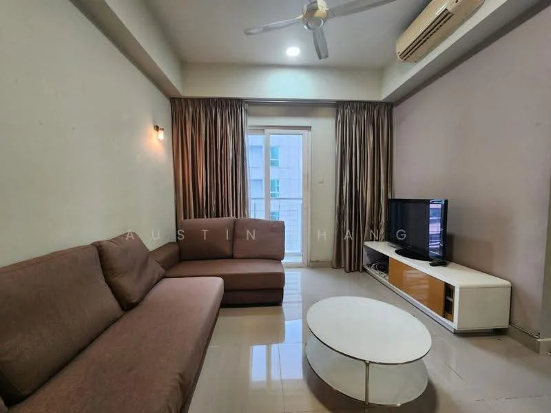 Living features: 3-seater fabric sofa in brown, L-shape sectional sofa, coffee table with round top, wall-mounted TV, TV console with white and wood finish, floor-to-ceiling windows, curtains in brown, recessed downlights, ceiling fan, glossy tile flooring, painted walls in light color; style: modern.