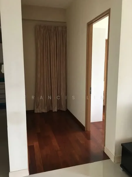 Room features: wood flooring, cream curtains, neutral wall colour, doorway, door frame, light switch, baseboard, corner wall; style: modern.