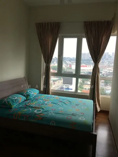 Bedroom features: queen-size bed with colorful bedding, floor-to-ceiling windows, curtains in beige, wooden flooring, decorative wall with light green paint, city view from window; style: modern; view: city.