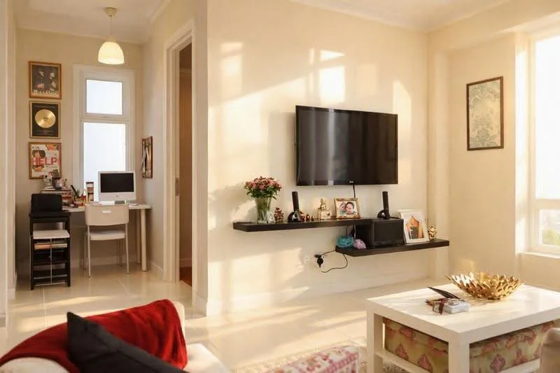 Living features: cream painted walls, white ceiling, recessed downlights, floor-to-ceiling windows, light-colored tile flooring, wall-mounted TV, floating shelf under TV, decorative plants, coffee table, sofa with red throw pillow, framed artwork on walls, desk with computer, office chair, bookshelf, decorative bowl on coffee table; style: modern; view: city.