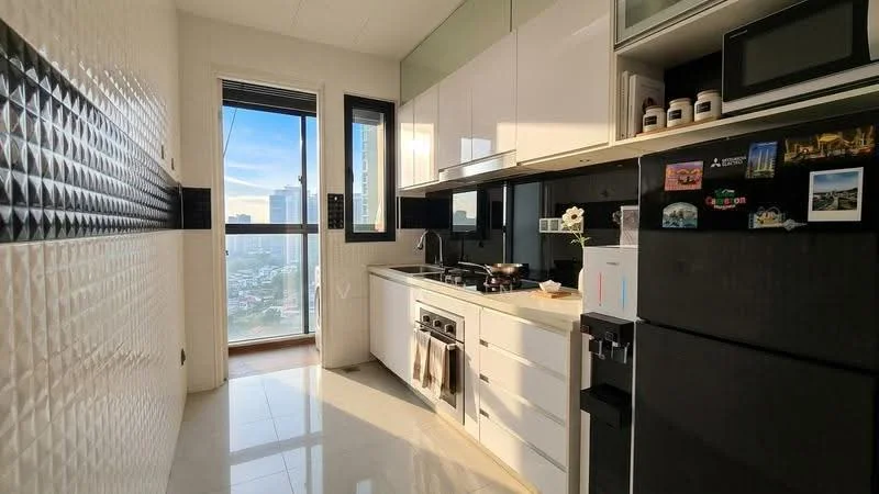 Kitchen features: white cabinetry with flat-panel doors, black countertop, stainless-steel sink, chrome pull-down faucet, built-in oven, freestanding gas range oven, black refrigerator, white tile backsplash, marble tile flooring, floor-to-ceiling windows, city view, kitchen island, open shelving, decorative magnets on fridge; style: modern; view: city.