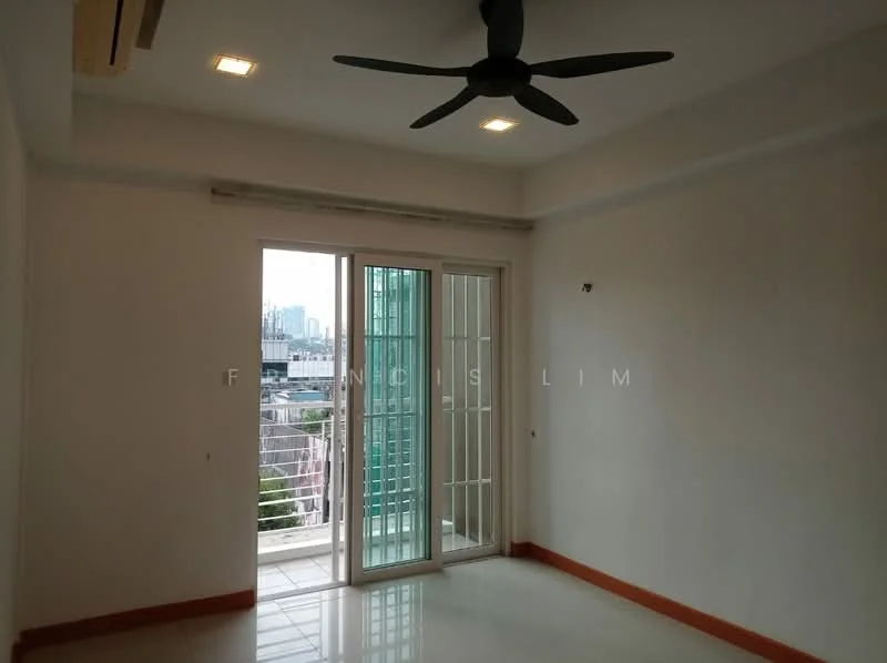Room features: white painted walls, glossy tile flooring, 5-blade ceiling fan, sliding glass door, floor-to-ceiling windows, balcony view, recessed downlights; style: modern; view: city.