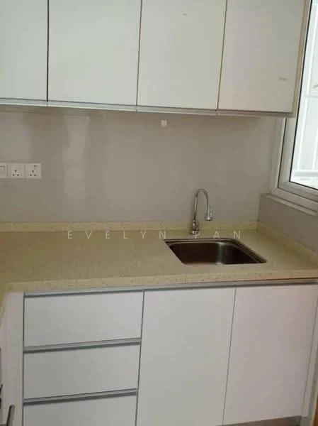 Kitchen features: single-bowl stainless-steel sink, chrome pull-down faucet, light-colored stone countertop, white cabinetry, flat-panel cabinet doors, drawer storage, grey painted walls, window for natural light; style: modern.