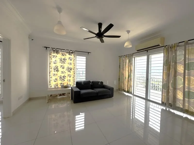 Living features: white painted walls, glossy ceramic tile flooring, 5-blade ceiling fan with light, two large sliding glass doors, floor-to-ceiling windows, curtains with floral pattern, black fabric sofa, white coffee table, air conditioning unit; style: modern; view: city.