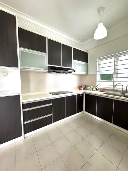 Kitchen features: dark wood cabinetry, white countertop, built-in oven, stainless-steel range hood, double-bowl stainless-steel sink, chrome pull-down faucet, ceramic tile flooring, recessed downlights, window with horizontal slats, kitchen utensils on countertop; style: modern.