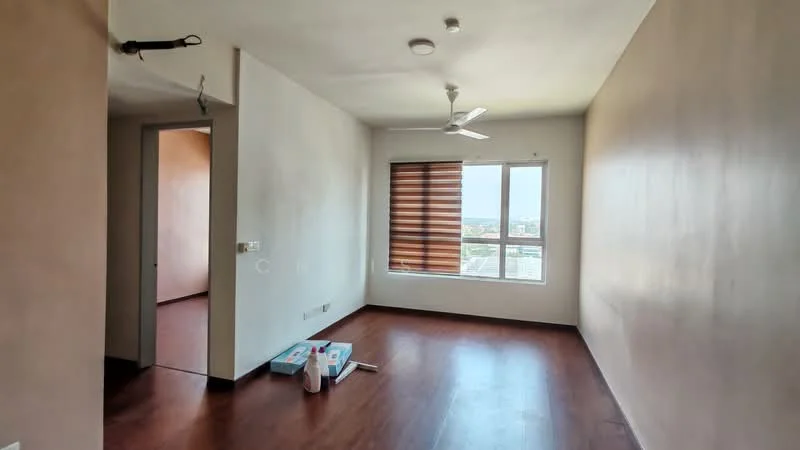 Room features: light brown painted walls, wooden flooring, ceiling fan, large window with horizontal blinds, unpainted wall section, doorway leading to another room, no visible furniture, natural light from window; style: modern; view: city.