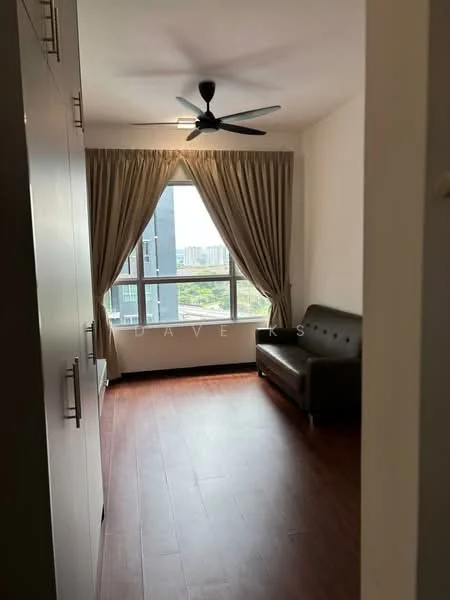 Room features: wooden flooring, floor-to-ceiling window, curtains, ceiling fan, sofa, built-in wardrobe, neutral wall colour, city view; style: modern; view: city.
