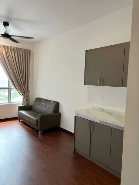 Living features: brown laminate flooring, white painted walls, floor-to-ceiling window, curtains, 3-seater grey sofa, grey cabinetry with countertop, marble countertop, ceiling fan; style: modern; view: city.