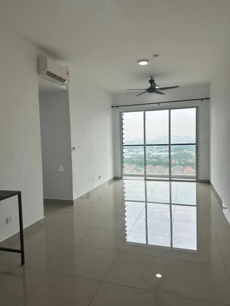 Living features: white painted walls, glossy tile flooring, 5-blade ceiling fan with light, floor-to-ceiling windows, sliding glass door, city view, air conditioning unit, light fixtures; style: modern; view: city.
