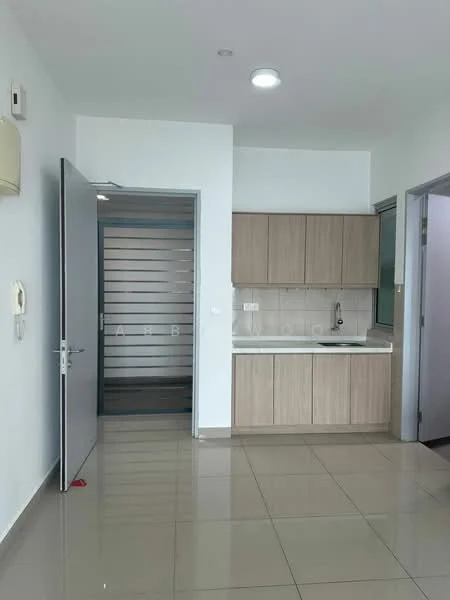Kitchen features: light wood cabinetry, white countertop, single-bowl stainless-steel sink, chrome pull-down faucet, built-in oven, ceramic tile flooring, recessed downlights, wall-mounted split AC, open layout, neutral painted walls; style: modern. Room features: glazed door, neutral painted walls, ceramic tile flooring.